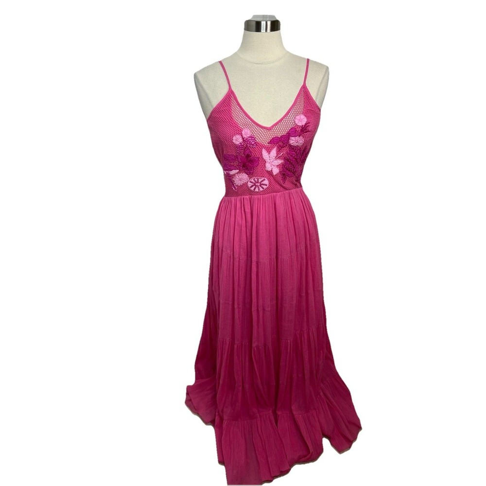 Tuckernuck Carolina K Flowy Maxi Dress Pink Mesh Embroidered Beach Resortwear  M